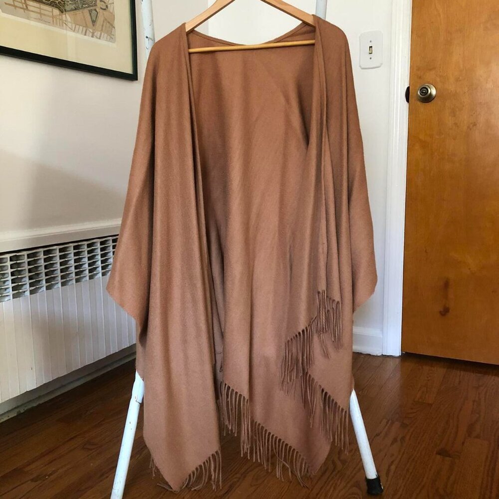 Fringe-trimmed camel cape cardigan